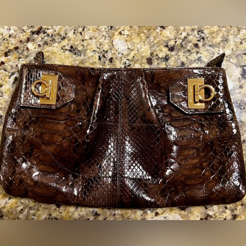 Salvatore Ferragamo Genuine Python Snake Skin Brown Leather Mini Bag Clutch